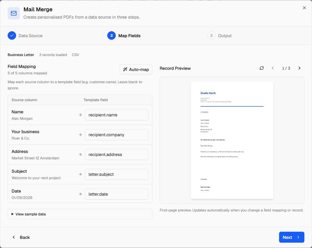 InkSmith mail merge view showing data records and a document preview