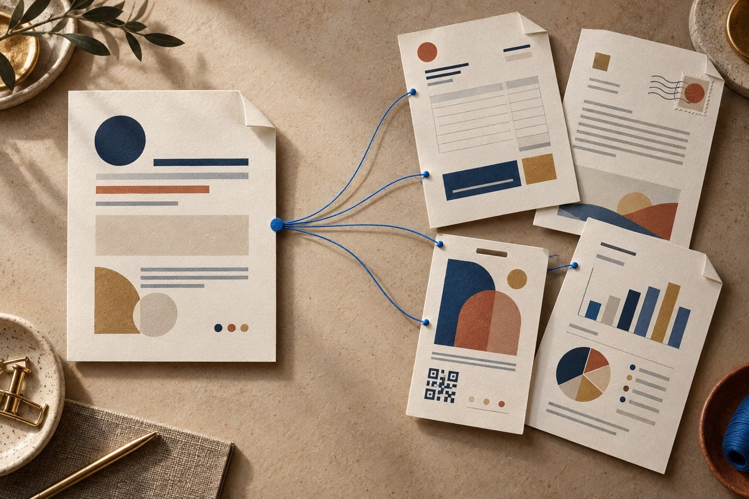 Illustration of an invoice, letter, ticket, and report arranged on a worktable