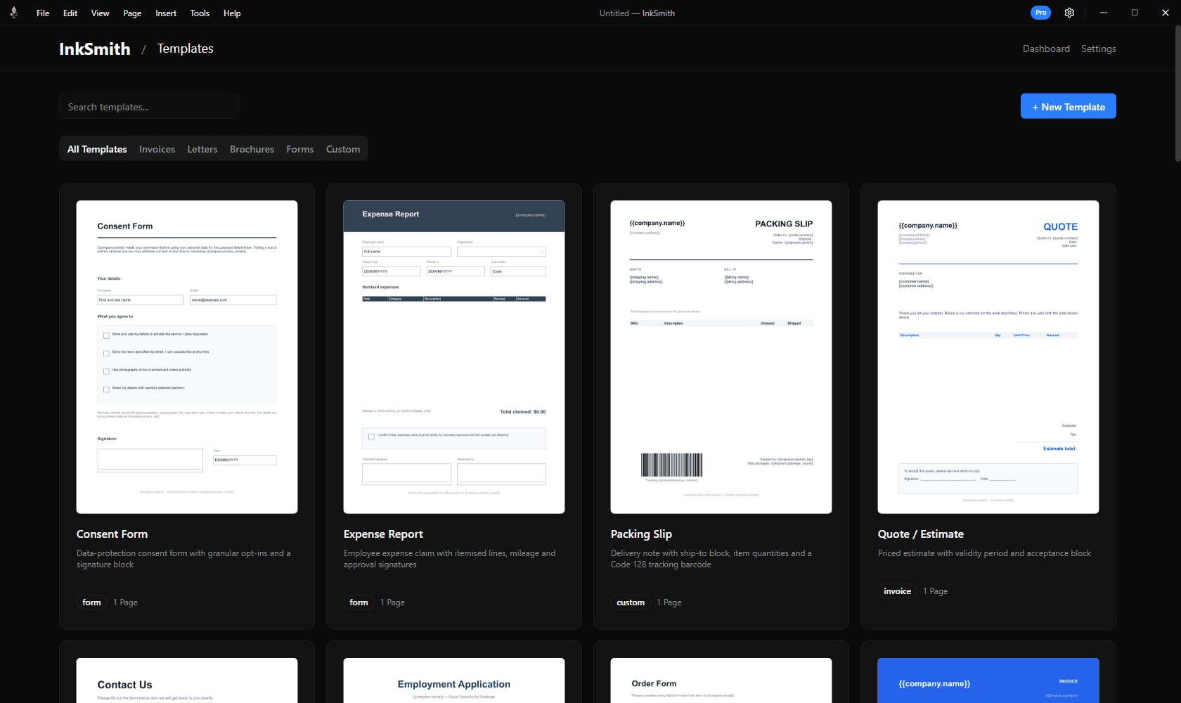InkSmith template library showing editable document designs