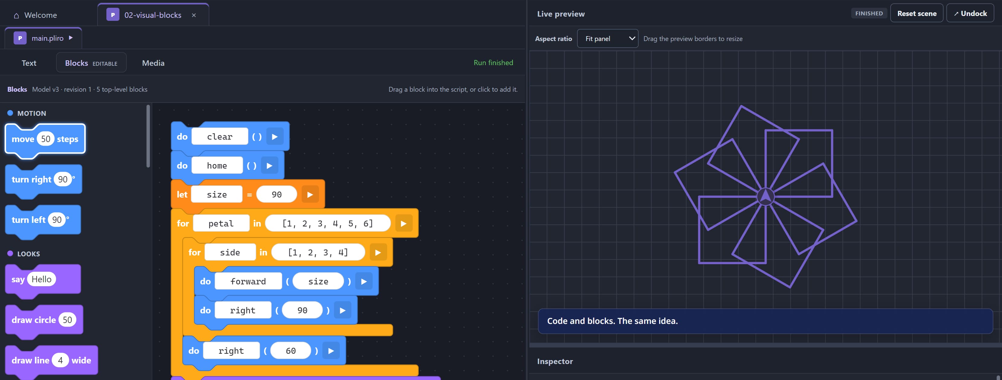 Pliro desktop editor showing a visual blocks program