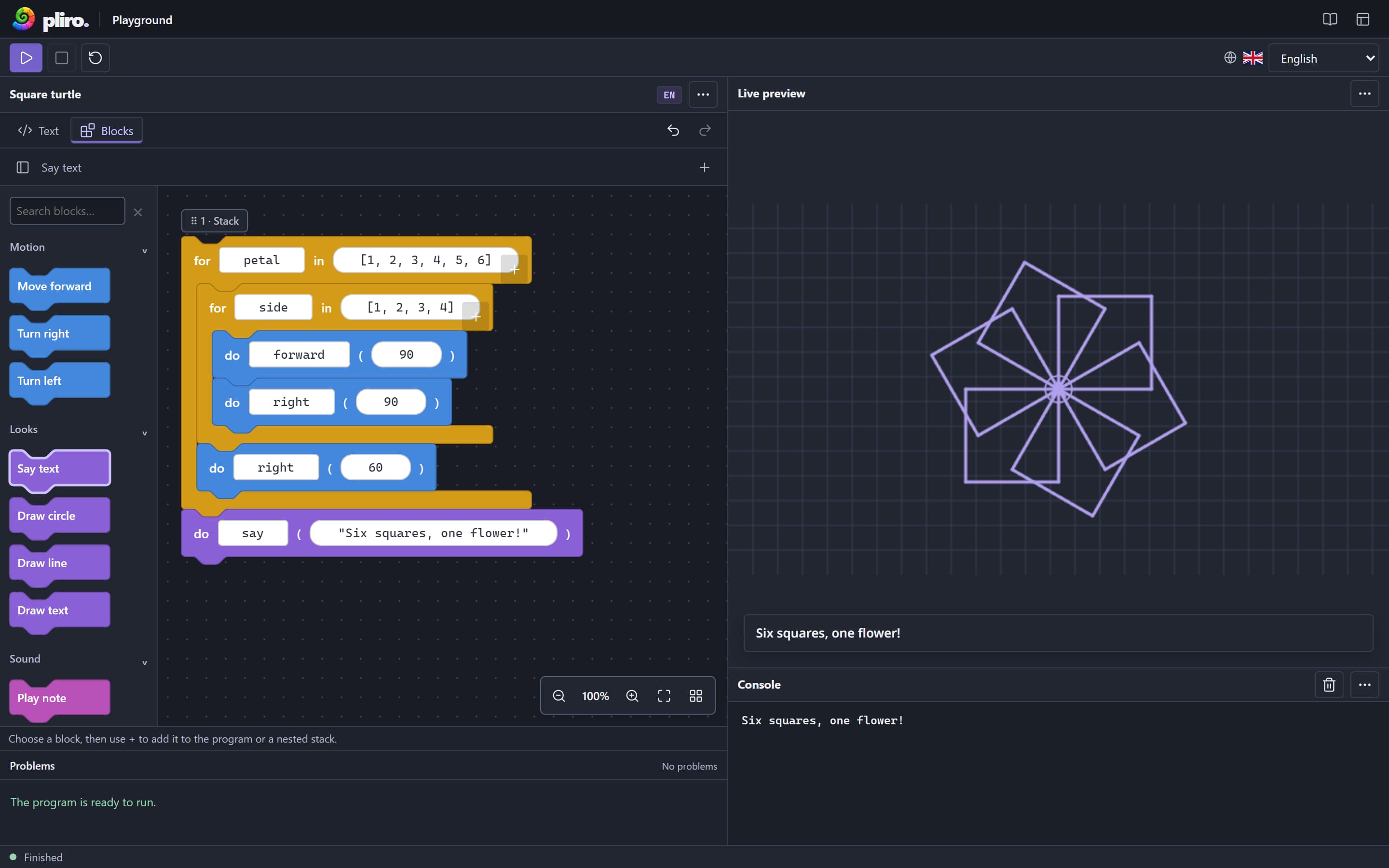 Pliro browser playground showing blocks and the resulting drawing