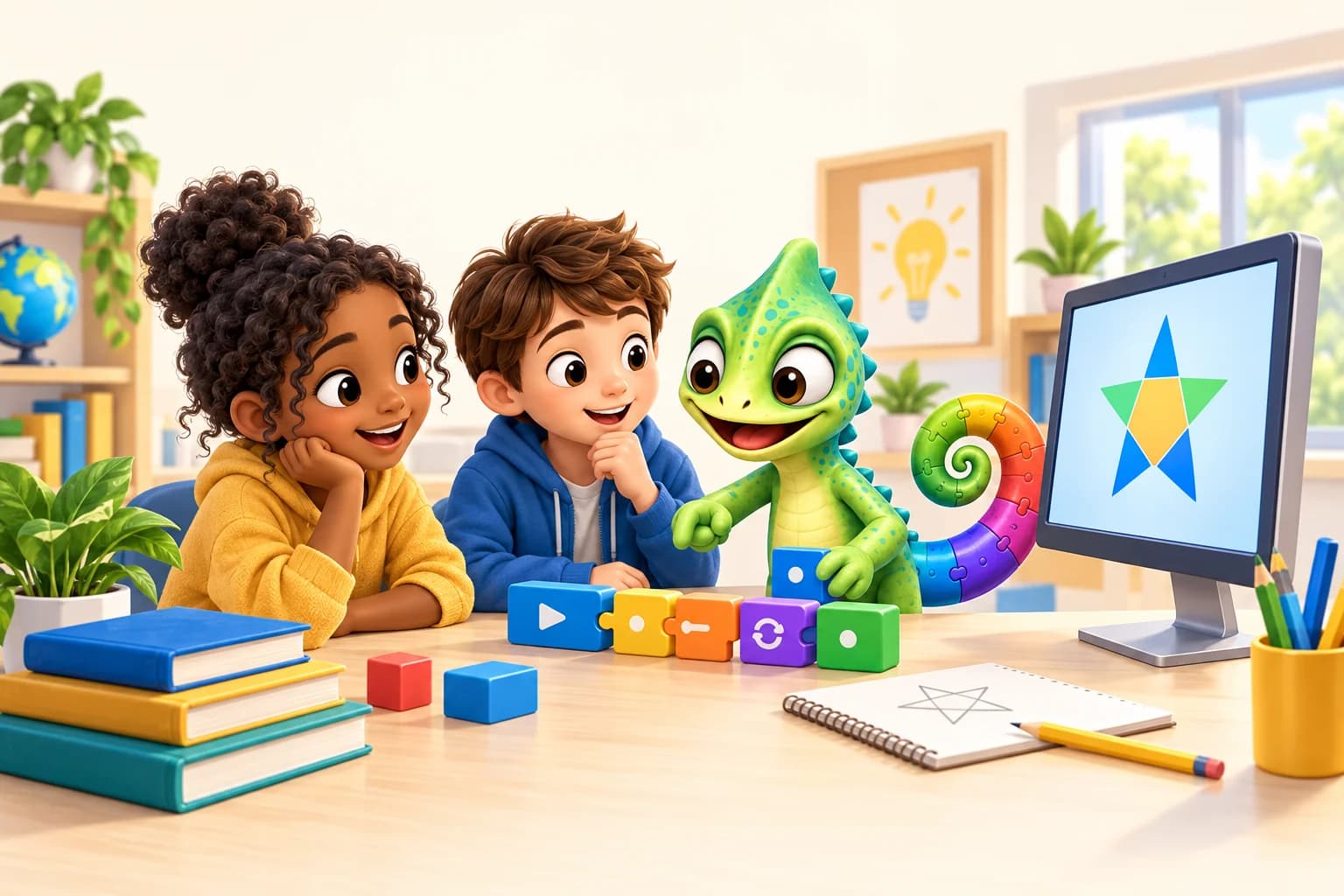 Kameleon Pli en twee kinderen ontdekken kleurrijke programmeerblokken en een ster op een computer in de klas.