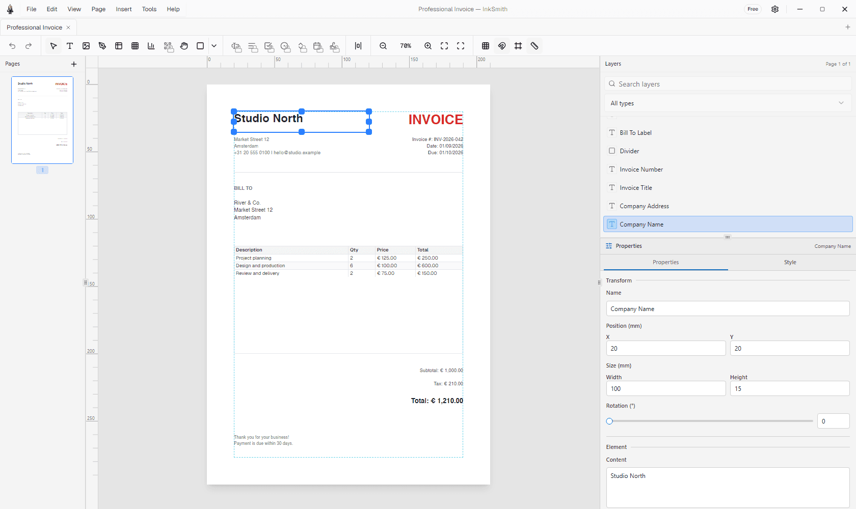 InkSmith desktop editor showing an invoice on the canvas with layers and properties controls