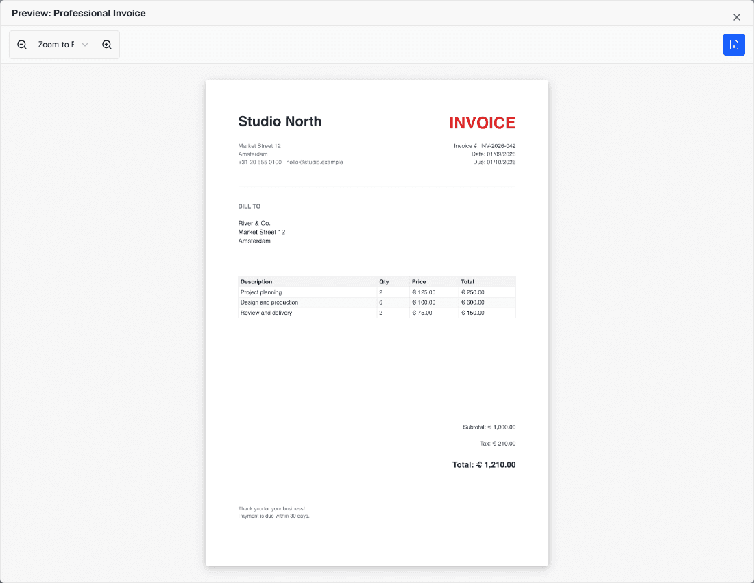 InkSmith PDF preview showing a finished document before export