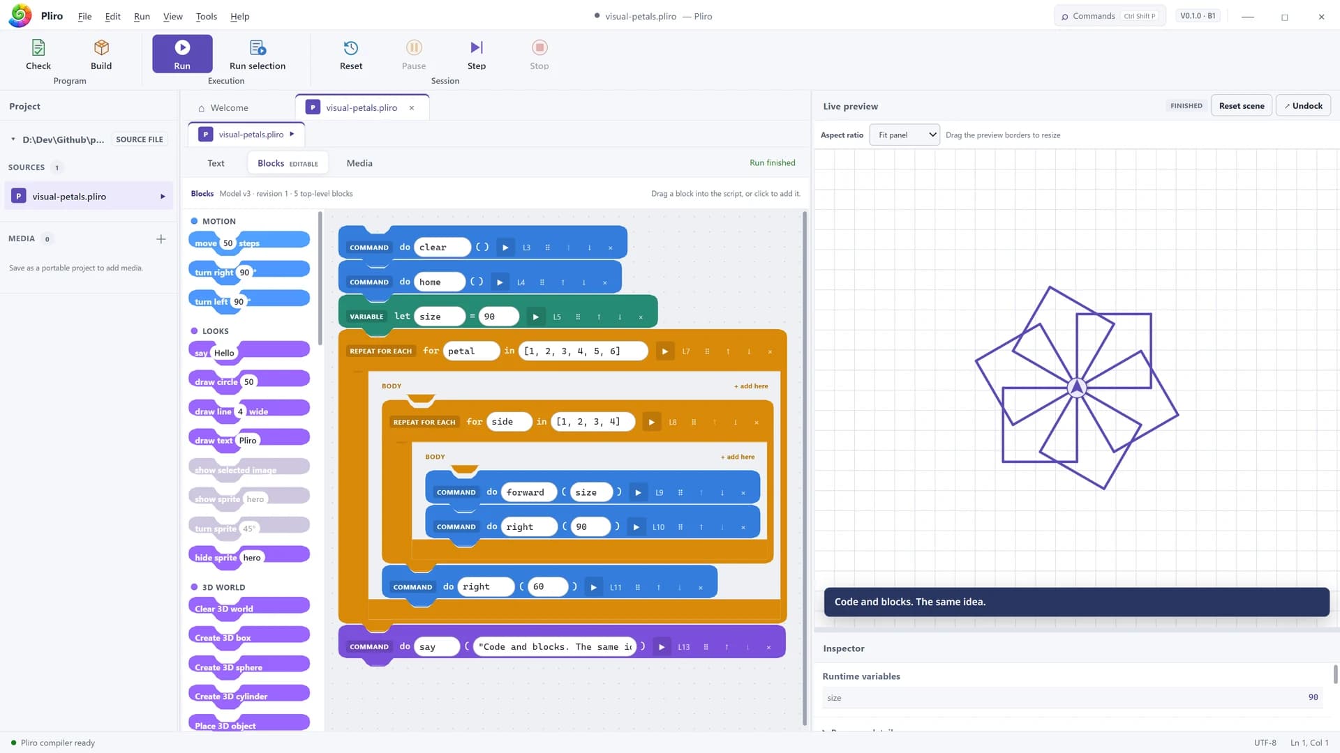 The Pliro desktop editor showing visual programming blocks beside a colourful turtle drawing.