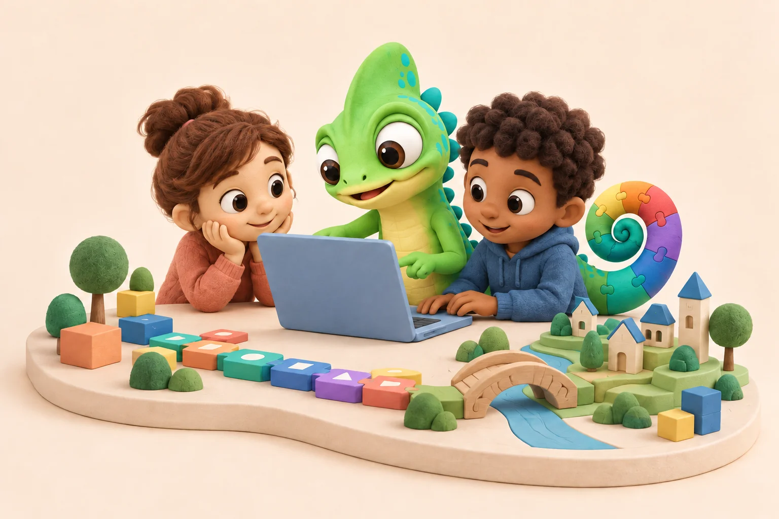 Pli, de groene Pliro-kameleon, en twee kinderen die programmeren ontdekken naast kleurrijke blokken en een miniatuurstad.