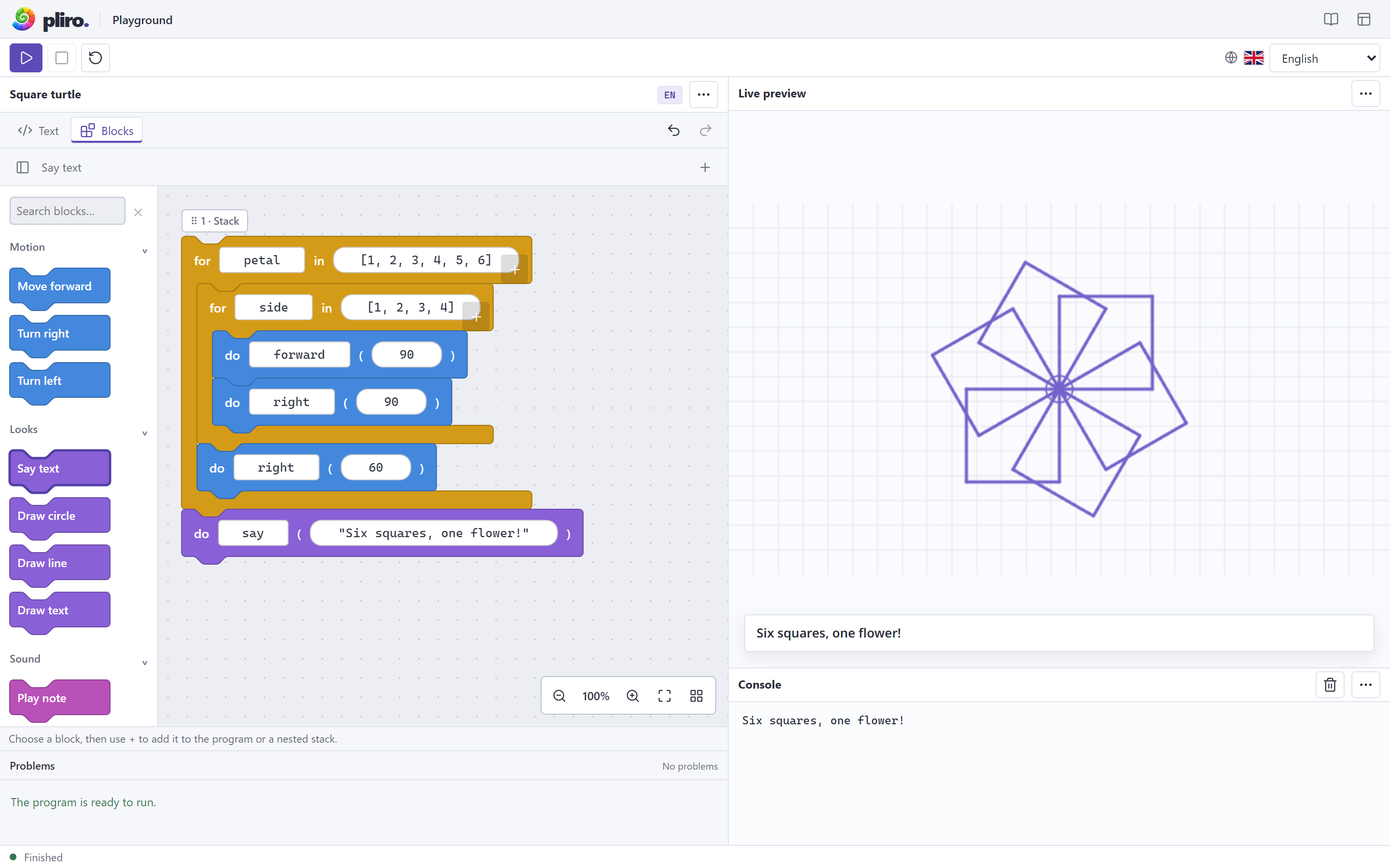 The English Pliro browser playground showing nested visual loops and the flower pattern drawn from six squares.
